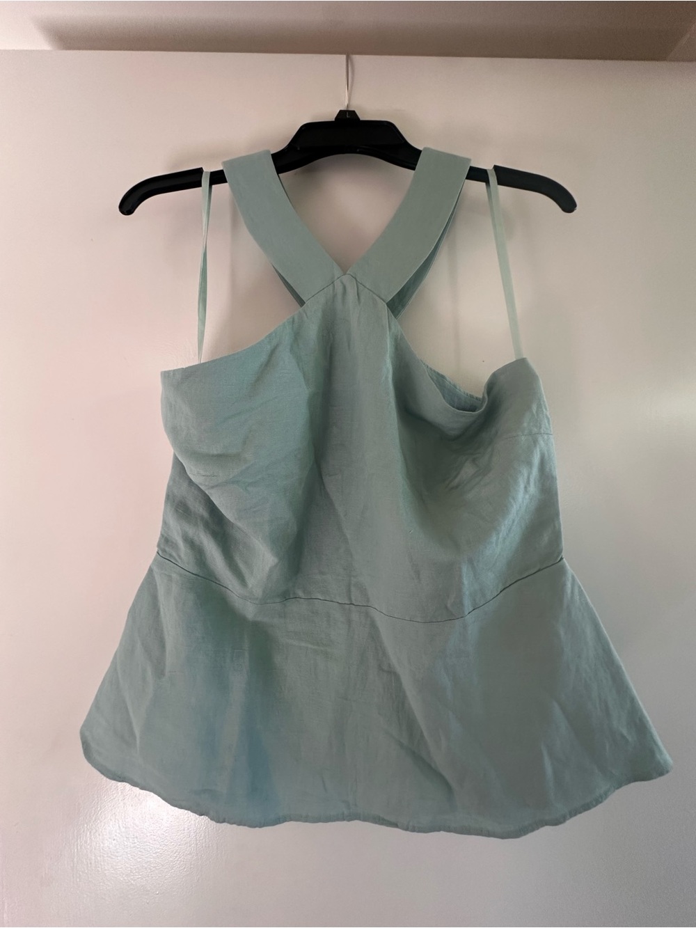 Ann Taylor sea glass blue Cross-Back peplum linen top.